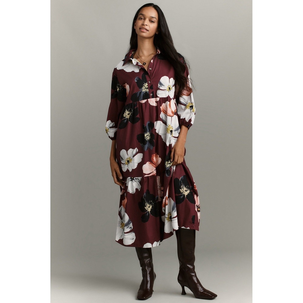 Anthropologie Maeve Bettina Tiered Shirt Dress Floral Wine 1X Midi Cottagecore